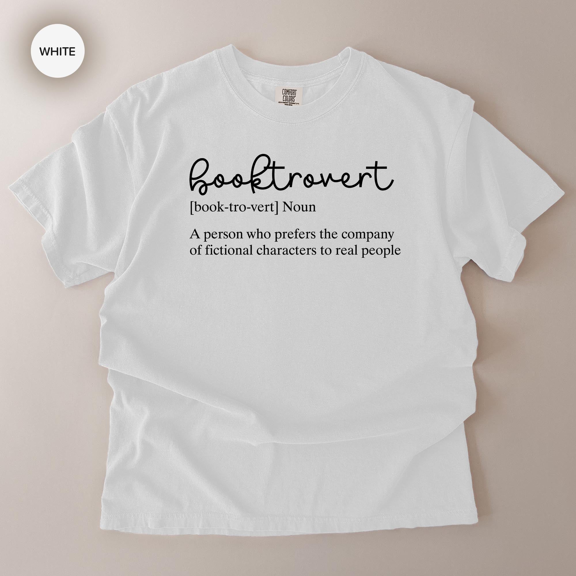 A white t-shirt with the definition of a book-trov written on it.