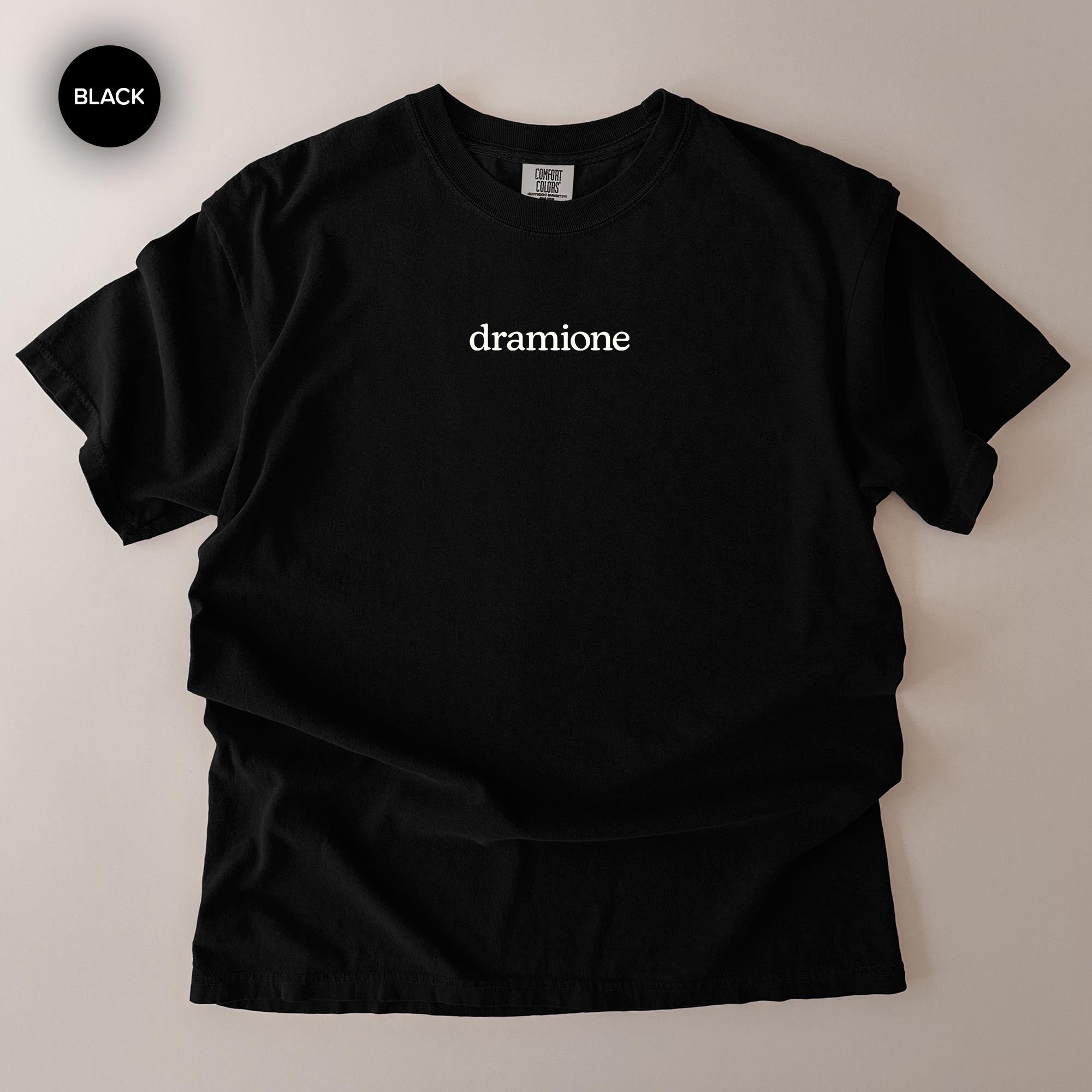 A black t-shirt with the word "dramione" printed on it.