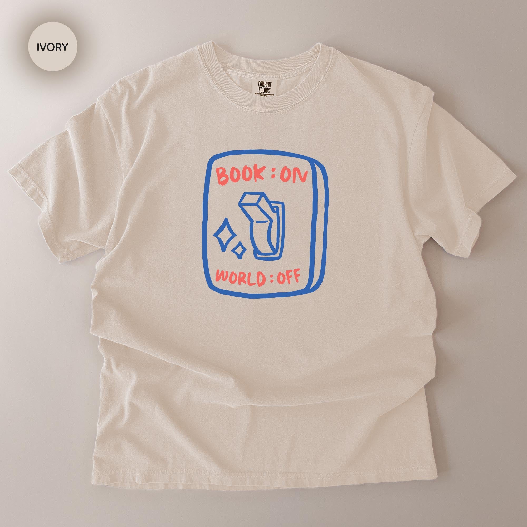 A white t-shirt with a graphic design on it, featuring a blue and red logo with the text "BOOK ON WORLD-OFF".