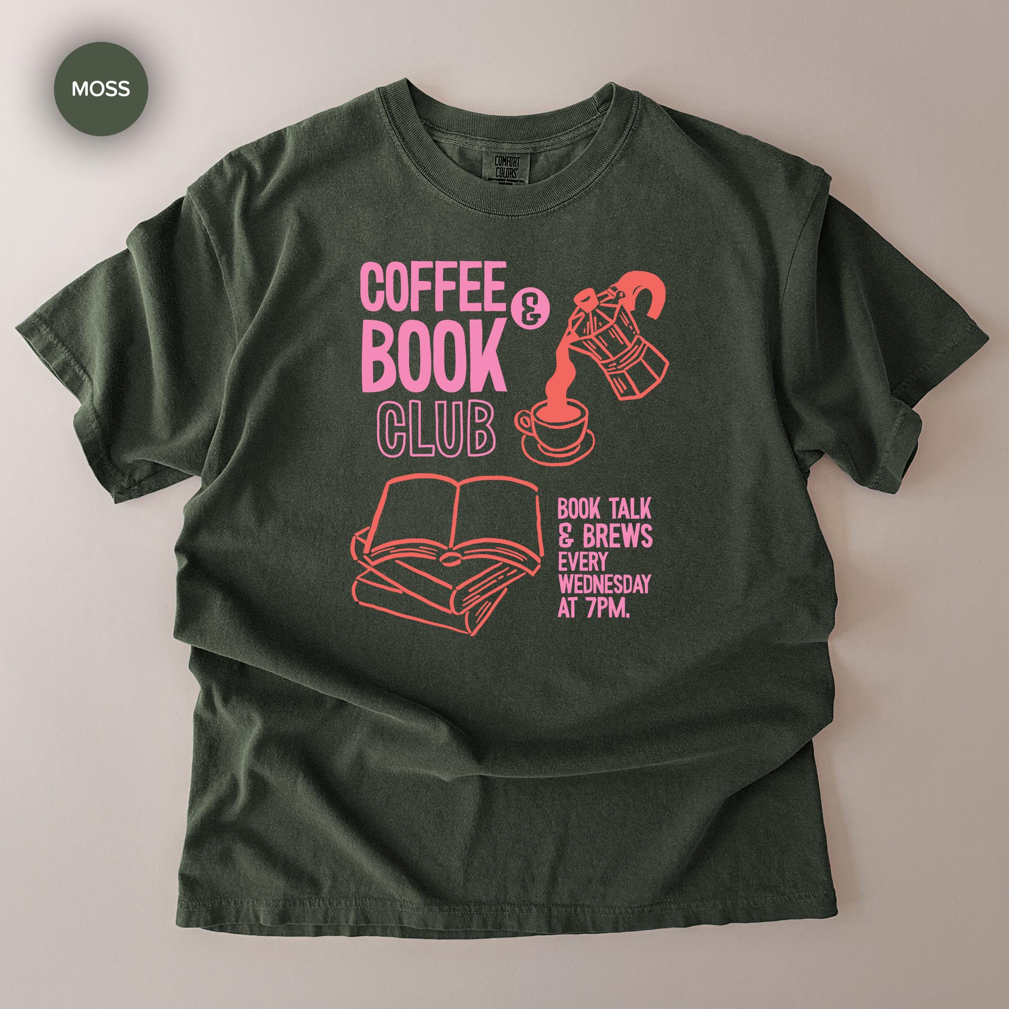 A green t-shirt with a graphic design promoting a book club event.